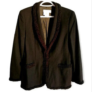 Vintage 80s Escada Black New Wool Longline Button Blazer w Fuzzy Trim GE 38 S/M